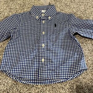 Navy Blue and white gingham button up shirt